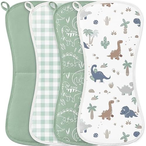 FIEMOL Burp Cloths Baby Boy, Large 21'' X 10'' Cotton Burping Cloths for Babies, Ultra Soft and Absorbent Burp Rags, 4 Pack Set Washcloths Newborn Spit Up Rags Green Dinosaur