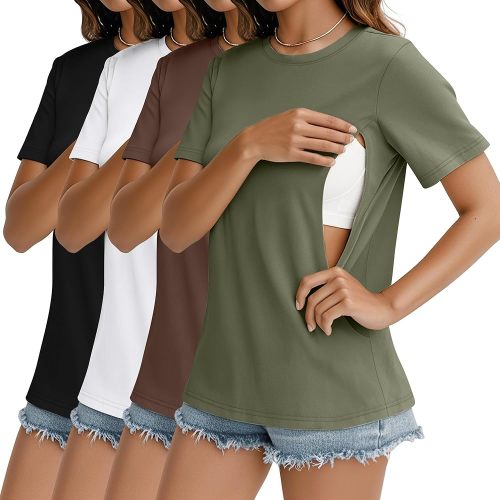 4 Pack Women's Nursing Breastfeeding Shirts with Zipper Cotton Loose Fit Short Sleeve Maternity Top Nursing Clothes