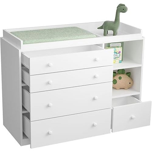 Changing Table Dresser, Baby Classic Nursery Dresser with 5 Drawers and 2 Shelves, Multi-Functional Baby Changing Table, Diaper Changing Station for Children's Room, White
