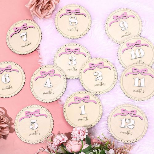 12 Pcs Pink Bow Baby Monthly Milestone Cards Bowknot Wooden Marker Discs Month Announcement Sign for Pregnancy Newborn Baby Growth Photo Prop Decor Supplies