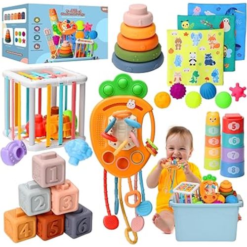 Baby Toys 6 to12 Months, 7 in-1 Montessori Toy for 6-9-12-18 Month Old with Pull String Toy, Sensory Bin Toys, Stacking Baby Blocks & Soft Infant Ring & Sensory Ball, Stacking Cups for Toddler Gift