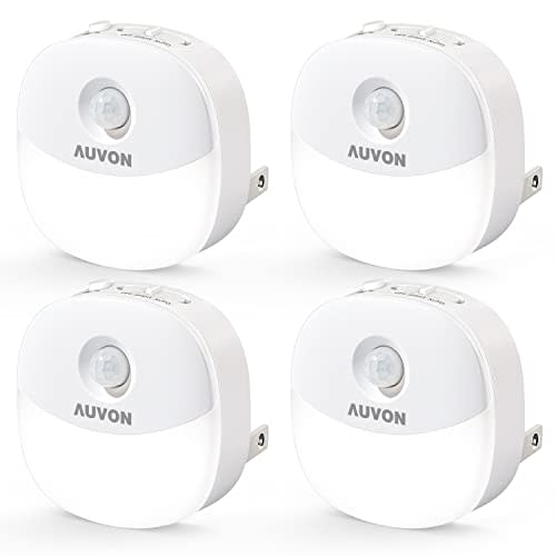 AUVON Plug in Night Light with Motion Sensor and Dusk to Dawn Sensor, Mini Cool White LED Nightlight with 1-50 lm Adjustable Brightness for Bathroom, Hallway, Stairs, Bedroom, Kitchen, 4 Packs