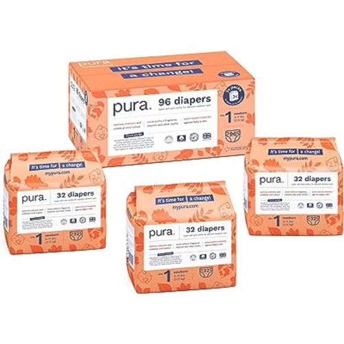 Pura Size 1 Eco-Friendly Diapers, Hypoallergenic, Soft Organic Cotton Comfort, Sustainable, Wetness Indicator Allergy UK, Recyclable Packaging, 96 Count
