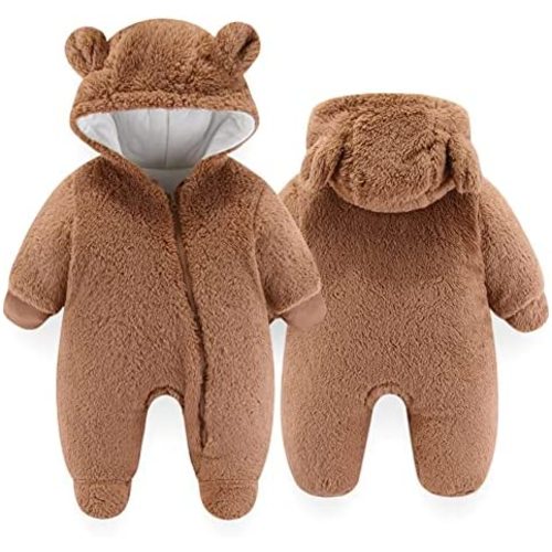 UVIPC Newborn Baby Fleece Footie Snowsuit Winter Onesie Cartoon Bear Warm Hooded Outfits for Girls Boys