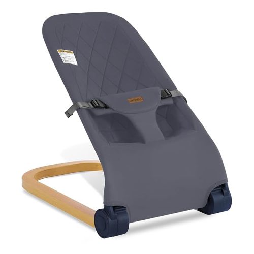 Baby Bouncer,Portable Baby Bouncer Seat & Foldable with 3 Height Adjustments, Ergonomic Bouncer for Babies 0-6 Months, Wood Grain Style, Natural Vibrations, Includes Storage Bag(Grey)