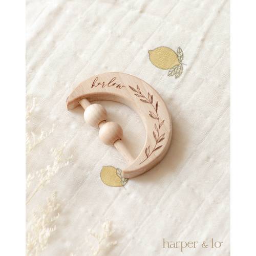 Personalized Wooden Moon Rattle Toy | Custom Name, Keepsakes, Montessori Toy, Grasping Toy, Baby Toy, Baby Gift, Sensory, Baby Shower Gift