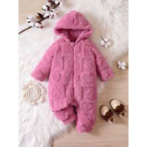 Baby Girl Heart Pattern Hooded Teddy Jumpsuit
