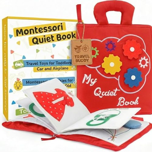deMoca Busy Book for Toddlers 1-3, Quiet Montessori Airplane Activity Book, Travel Learning Toy Board for 1 Year Old, Gift for Boys and Girls (Red)