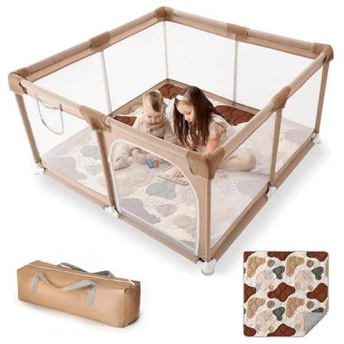 Blissful Diary Baby Playpen with Mat, 50x50 Playpen for Babies and Toddlers with Gate, Portable Baby Play Pen Play Yard with Anti-Slip Base for Indoor and Outdoor, Sturdy and Safety, Mocha