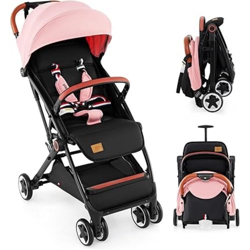 HOMGX Lightweight Baby Stroller, Compact Travel Stroller w/Ergonomic Seat, Spacious Basket, Adjustable Backrest, Oversized Canopy, Infant & Toddler Umbrella Stroller for Airplane, Travel (Pink)