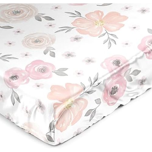 Sweet Jojo Designs Blush Pink Grey Boho Floral Girl Baby Satin Fitted Crib Sheet Infant Newborn Nursery Toddler Bed Room Standard Mattress Bohemian Farmhouse Shabby Chic Watercolor Flower Gray White