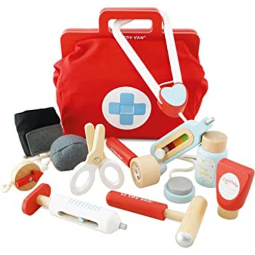 Le Toy Van - Kids Wooden Educational Pretend Play Honeybake Doctor's Medical Play Set Kit | Kids Pretend Play Role Play For Boys And Girls | 3 Year Old +, 8.66" x 5.70" x 5.90" (TV292), Red
