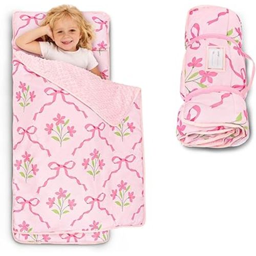 Toddler Nap Mat with Pillow and Minky Blanket, Large 55"x35" Sleeping Bag, Washable, Lightweight, Easy to Roll, Perfect for Preschool, Daycare, Kindergarten, Travel, Boys and Girls-Bow