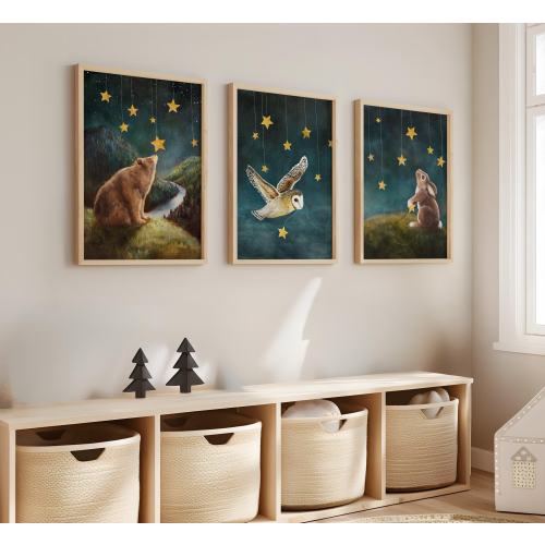 Woodland Animal Nursery Print Set of 3, Boy or Girl Nursery Art, Forest Animals Hanging Stars, Owl, Bear, Bunny,