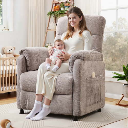 Electric Power Recliner Chair, Modern Chenille Fabric Recliner with Side Pocket & Remote, Nursery Recliner Chair for Living Room Small Space, Gray