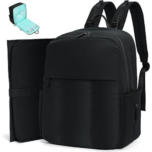 MOMINSIDE Diaper Bag Backpack with 15 Pockets, Quilted Baby Bag for Boys Girls, Baby Registry, Large Changing Pad, Stroller Straps, Lightweight, Black