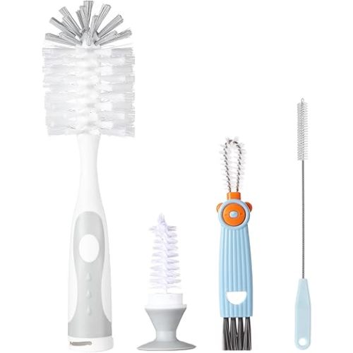 Baby Bottle Brush Set 4 in 1, Baby Bottle Cleaner, with 1P Nylon Bottle Brush, 1P Bottle Cap Brushes, 2P Straw Brushes, Bottle Brush with Nipple Cleaner and Suction Cup, BPA-Free(Grey)