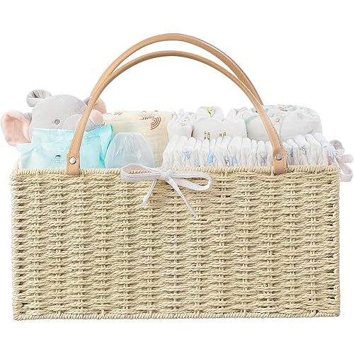 HBlife Large Baby Diaper Caddy Organizer, Paper Rope Storage Baskets Nursery Bin with Removable Divider, Portable Car Organizer for Diapers, Baby Shower Gifts, Newborn Essentials Must Haves