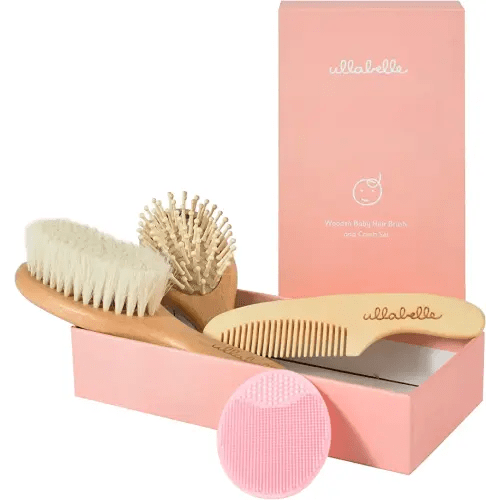 4 Piece Wooden Baby Hair Brush and Comb Set for Newborns & Toddlers in Chic Gift Box - Ultra Soft Natural Goat Hair and Wood Baby Brush Set Prevents Cradle Cap - Perfect Registry Gift (Pink)