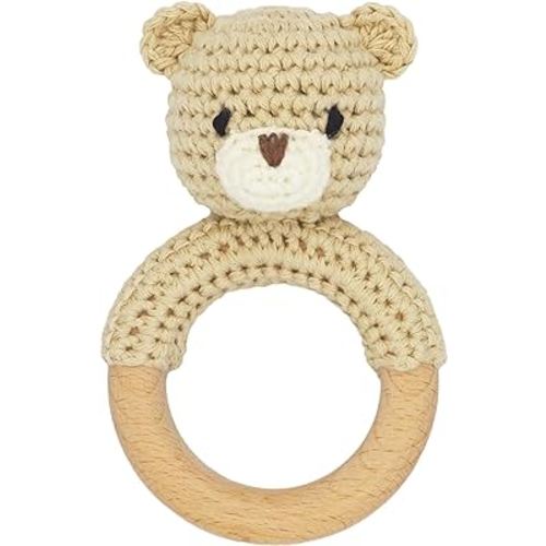 Joliecraft Safari Animals Wooden Baby Rattle Toys Stuffed Crochet Rattle with Teether Ring for Newborn, Beige Bear