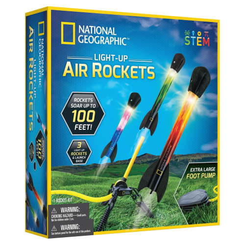 National Geographic Light-Up Air Rockets Kit for Kids, STEM Activity, 3 Rockets, Foot Pump