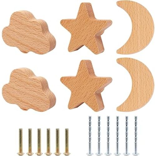 Wooden Cabinet Knobs, Star and Moon Shape Drawer Pulls Nursery Dresser Knobs Woodland Animals Wooden Knobs for Crafts Handles for Furniture Cupboard Closet Door (6, Moon Star Cloud)