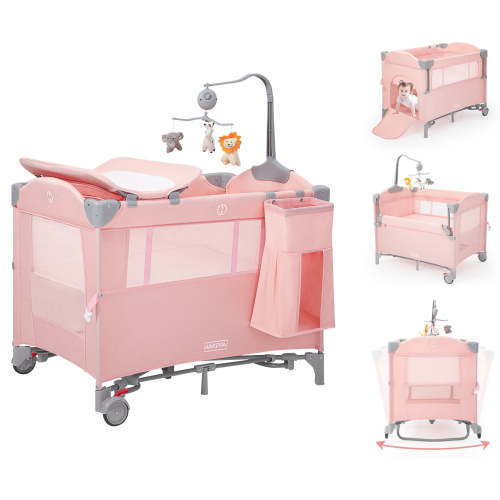 HARPPA 5 in 1 Portable Baby Playard Bassinet with Changing Table Pink for Newborn to Toddler