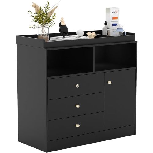 Nursery Dresser with Changing Table Top - Tall Wooden Diaper Changing Station with 2 Open Shelves, 3 Drawers, and 1 Cabinet, Ideal for Children's Room, Black
