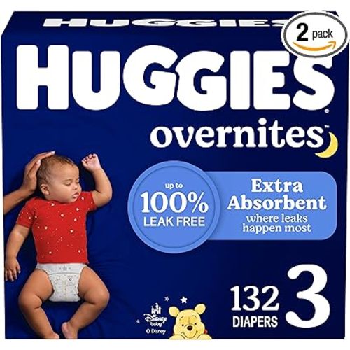 Huggies Size 3 Overnites Baby Diapers: Overnight Diapers, Size 3 (16-28 lbs), 132 Ct (2 Packs of 66), Packaging May Vary