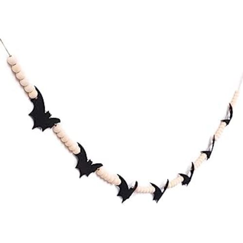 Halloween Black Felt Bats and Wood Beads Garland - Scary Halloween Decoration, Bats Banner, Halloween Decorations Indoor, Haunted House Decoration