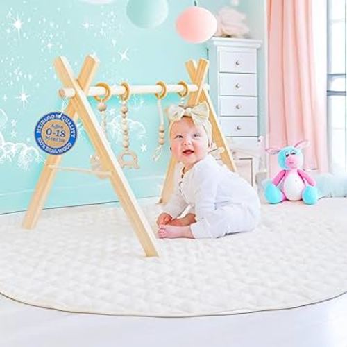 Poppyseed Play - Wooden Baby Play Gym, Montessori Activity Center w/Hanging Beech Wood Toys, Foldable Natural Pine Wood Frame, Portable Infant Play Gym, Motor Skill Development & Modern Nursery Decor