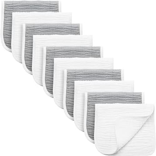 Synrroe Burp Cloths Large, Muslin Burp Cloths for Baby Girls and Boys, Pack of 10 Extra Absorbent and Soft Muslin Bibs, 6 Layers 20 by 10 Inches 100% Cotton (Grey-White 10 Pack)