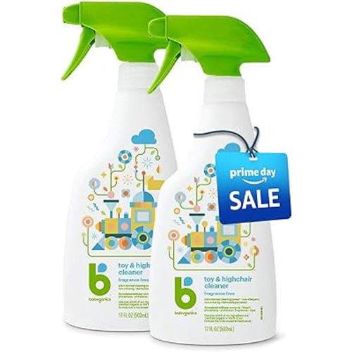 Babyganics Toy & Highchair Cleaner Spray, Fragrance Free, 17oz Spray Bottle, Made without ammonia, bleach, phosphates, phthalates or dyes, Pack of 2.