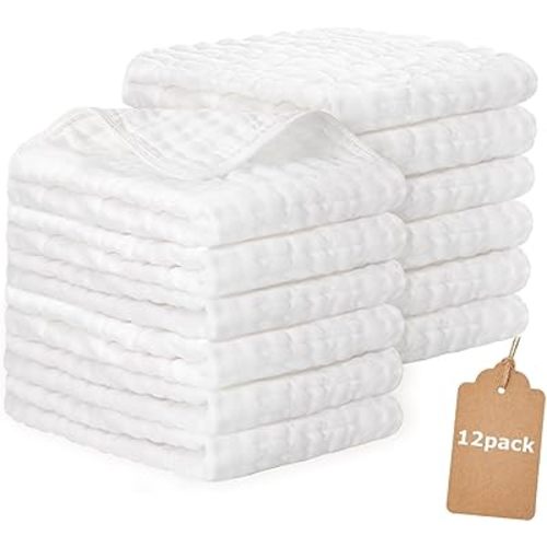 12 Pack Muslin Burp Cloths Sets for Baby - -100% Cotton Large 20'' by 10'' Premium Cotton Burping Rags for Newborn Ultra Soft and Highly Absorbent Unisex Spit Up Rags Thicken Baby Washcloths