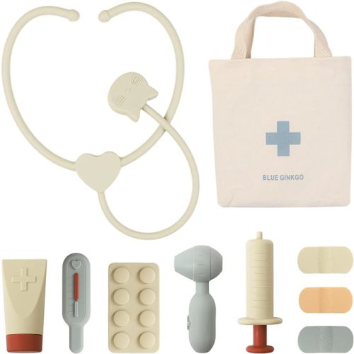 BLUE GINKGO Toddler Doctor Kit - 10-Piece Silicone Toddler Doctor Playset (with Bag) | Durable Toy Medical Kits, Pretend Play for Toddlers 3-5 (Beige)