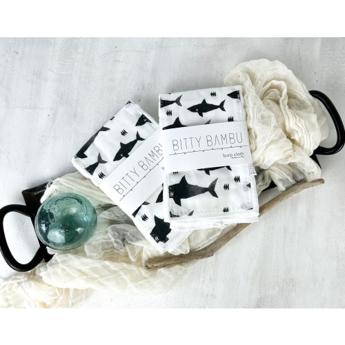 Shark Black and White Baby Burp Cloth - Baby Boy or Girl Gift - Ocean Theme Nursery Gift - Nautical Layette Gift- Made in Maui, Hawaii USA