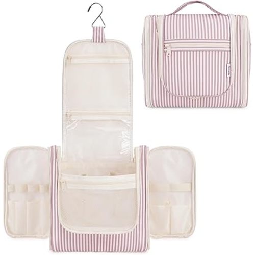 Narwey Striped Hanging Travel Toiletry Bag for Women, Travel Bag for Toiletries, Makeup Bag Organizer Cosmetic Bags Make Up Bags for Women (Dusty Rose Stripe)