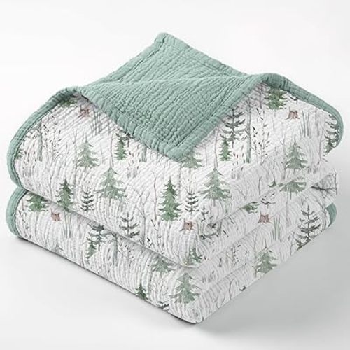 lulumoon Muslin Baby Blanket Neutral: Cotton Crib Blanket with Pine Tree - Soft Toddler Bedding for Registry Gift 47x47 Inches (Green Forest Stump)