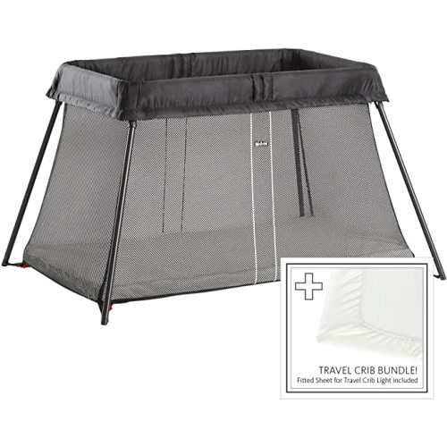 BabyBjörn Travel Crib Light + Fitted Sheet Bundle Pack, Black, One Size (640001US) - Travel Crib Light with Fitted Sheet