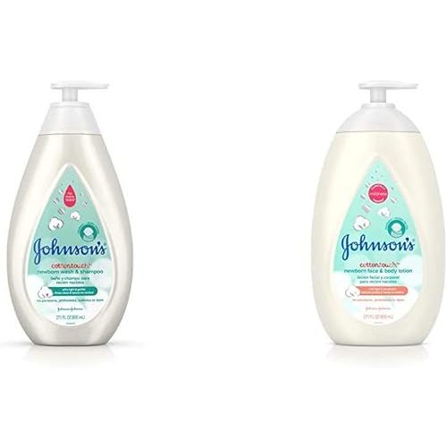 Johnson's CottonTouch Newborn Baby Wash & Shampoo with No More Tears, Hypoallergenic, 27.1 fl. oz with CottonTouch Newborn Baby Face and Body Lotion, 27.1 fl. oz