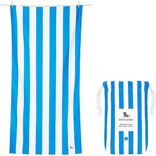 Dock & Bay Beach Towel - Quick Dry, Sand Free - Compact, Lightweight - 100% Recycled - Includes Bag - Cabana - Blue - Extra Large (200x90cm, 78x35)