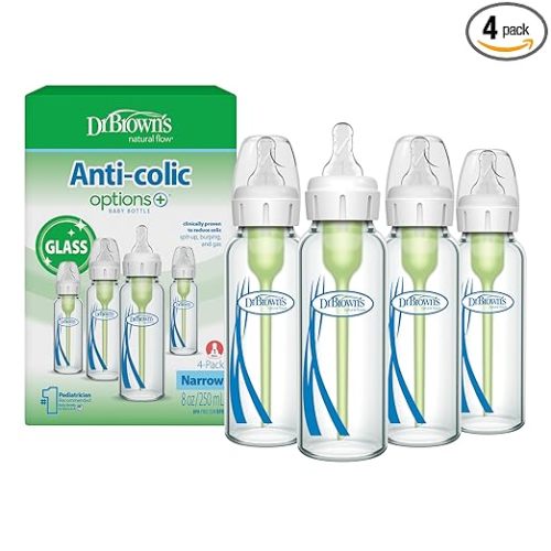 Dr. Brown's Anti-Colic Options+ Narrow Glass Baby Bottle with Level 1 Slow Flow Nipple, BPA-Free, 8 oz/250 mL, 0m+, 4-Pack (Packaging May Vary)