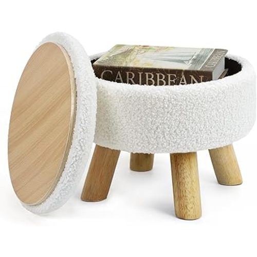 Ottoman Foot Rest, Small Round Ottoman with Storage, Boucle Teddy Velvet Footstool with Wood Legs, Soft Sponge Storage Ottoman for Living Room, Bedroom, Couch, Enterway (Cream)