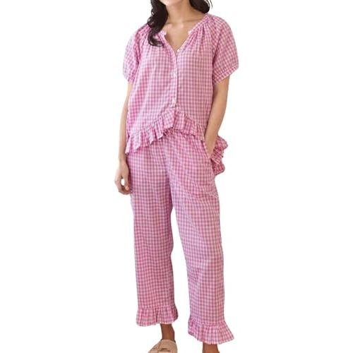 Womens Gingham Pajama Set 2 Piece Short Sleeve Babydoll Shirt and Pants Lounge Set Cute Sleepwear