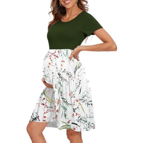 WOOXIO Women's Short Sleeve Maternity Dress Patchwork Pregnancy Clothes with Pockets