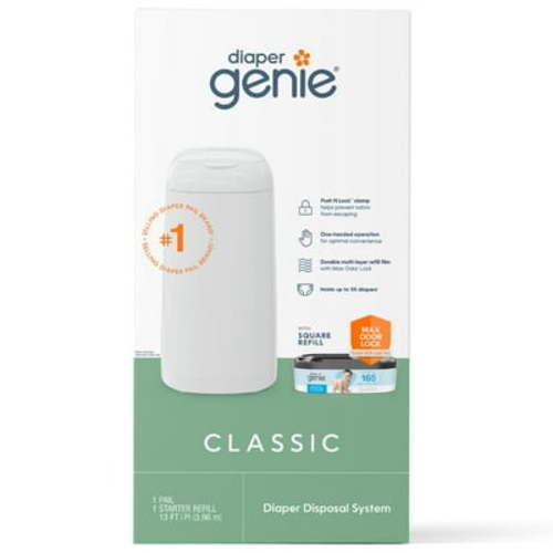 Diaper Genie Classic Pail,White,1 Diaper Pail,1 Square Refill - 165 Ct