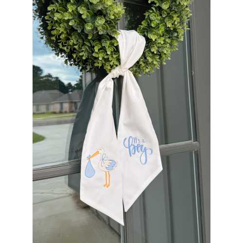 It’s a Boy Wreath Sash – Embroidered Baby Announcement Door Decor – Custom Colors – Stork Design – Baby Shower Gift
