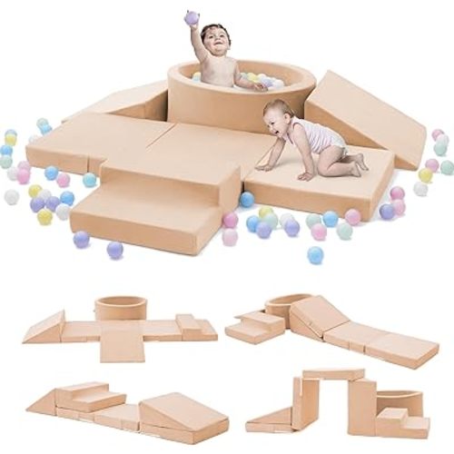 Foam Climbing Blocks with Ball Pit & Stairs for Toddlers Aged 1-3 -Soft Playset for Indoor Crawling, Foam Playground Set for Baby to Active Playing Inside -(Balls NOT Included),Beige