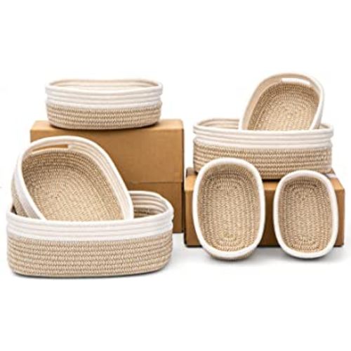 7 Piece Cotton Rope Woven Basket Set - Woven Storage Basket Pets Toy Cotton Rope Basket for Organizing, Small Basket for Montessori, Dog Cat Toy Box, Baby Nursery (Off White/Brown)