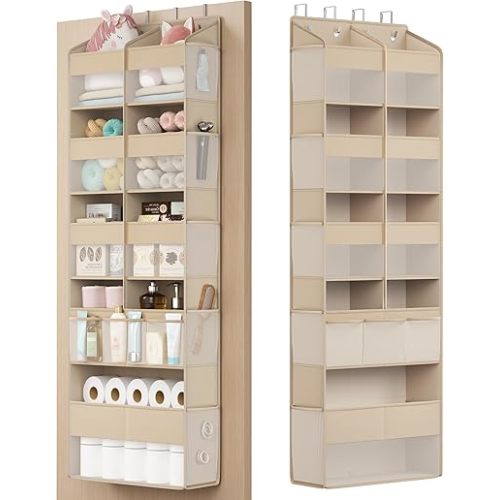 SONGMICS Over-the-Door Organizer, 9-Compartment Door Hanging Storage Shelf, Foldable Closet Hanging Organizer, Heavy-Duty, Metal Hooks, Transparent, Summer Sand URDH009LF01